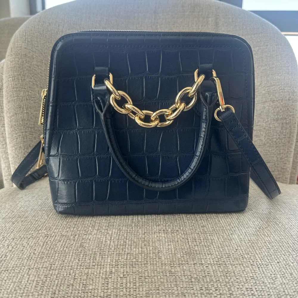 Zara Blue Croc-Embossed Bag with Gold Chain Detail